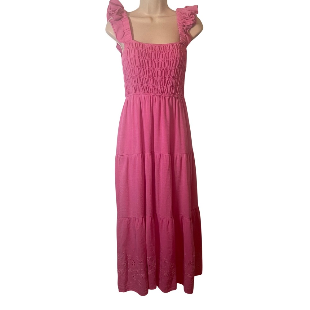By the River Pink Midi Dress Women Large‎ Fits Eyelet Tiered Smocked Fuschia